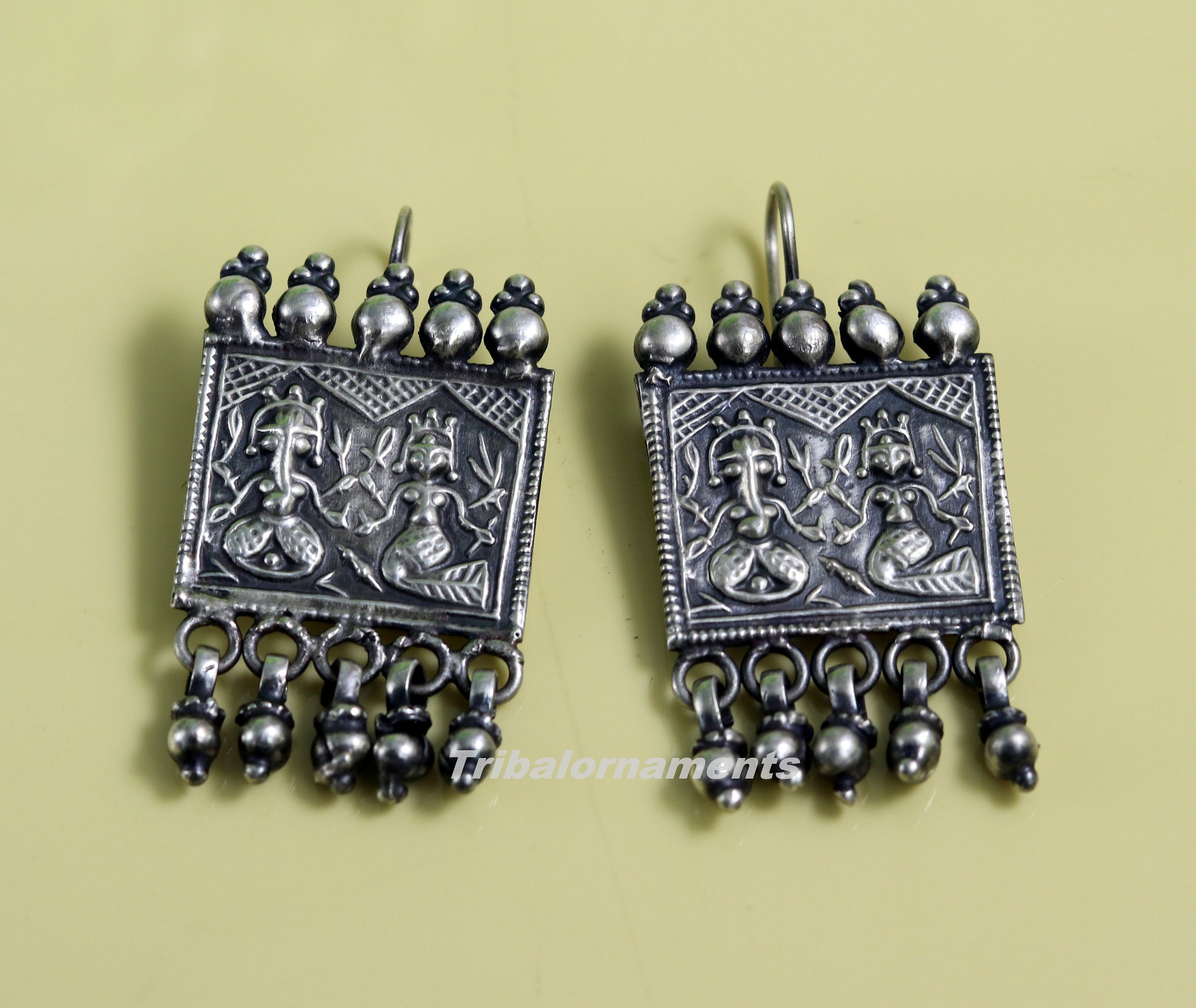925 sterling silver handmade vintage tribal deity design excellent customized hoops earring with gorgeous hanging drops tribal earrings s829 - TRIBAL ORNAMENTS