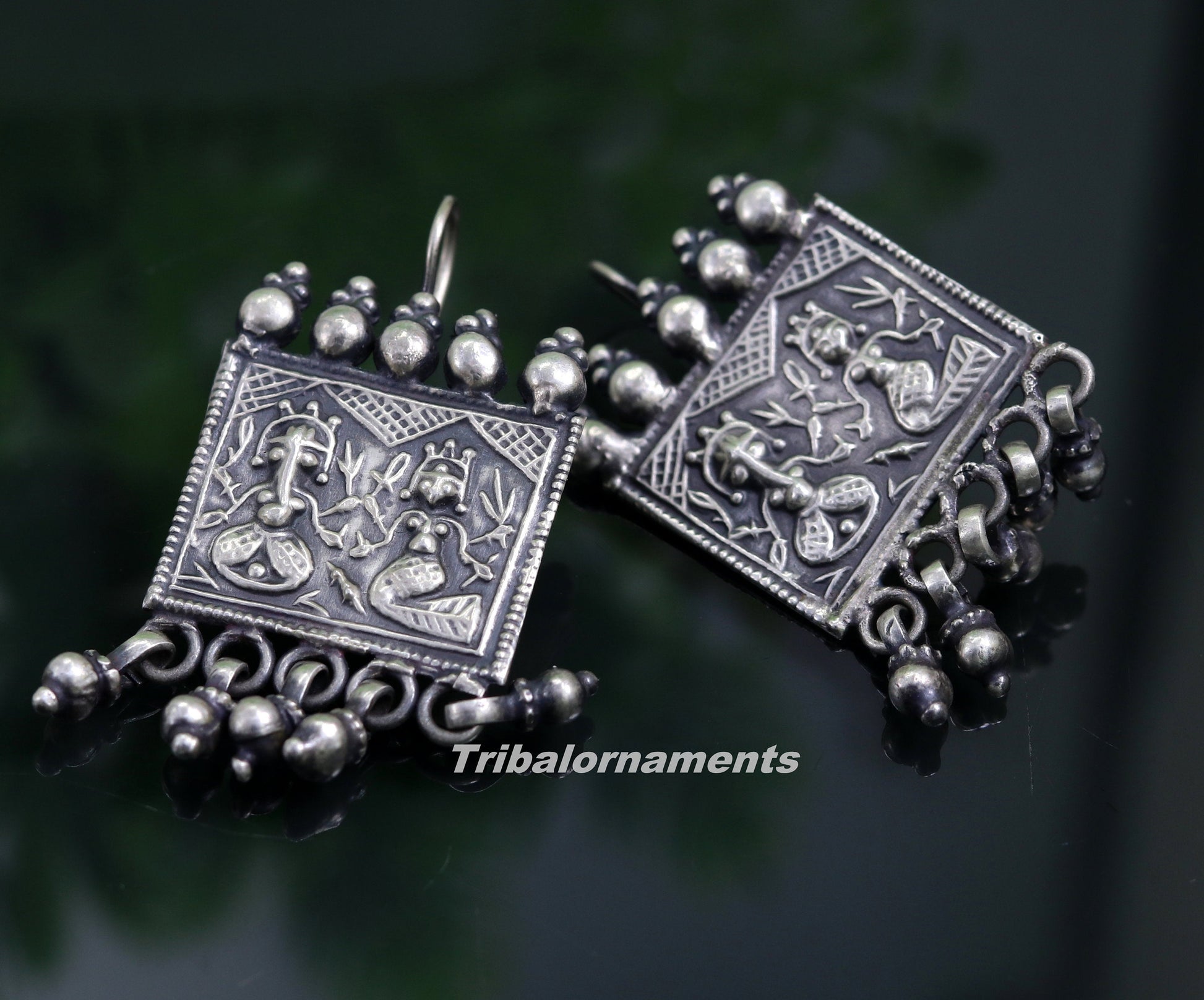 925 sterling silver handmade vintage tribal deity design excellent customized hoops earring with gorgeous hanging drops tribal earrings s829 - TRIBAL ORNAMENTS
