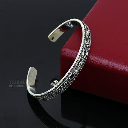 Sterling silver vintage Vajra design bangle cuff bracelet by TRIBAL ORNAMENTS, featuring intricate tribal craftsmanship and unisex style.