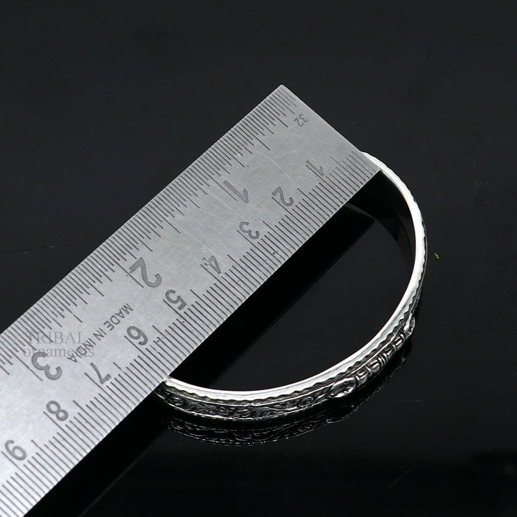 Sterling silver vintage Vajra design unisex tribal bangle cuff bracelet with intricate handmade craftsmanship.