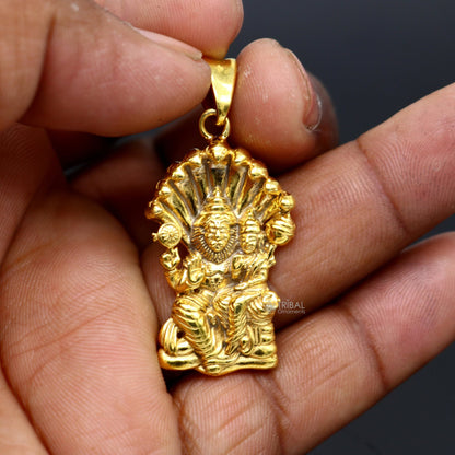 Sterling silver Vishnu with Laxmi Narsimha pendant, unisex gold-polished jewelry, handcrafted by Tribal Ornaments.