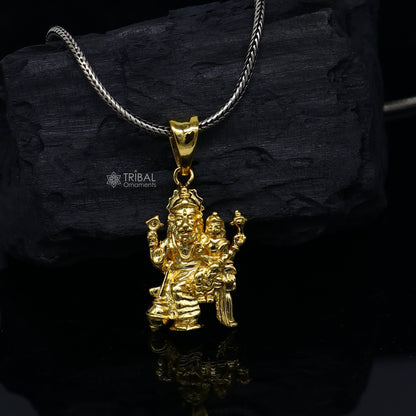 925 sterling silver Vishnu with Laxmi Narsimha pendant, gold-polished unisex jewelry, detailed handcrafted religious pendant.