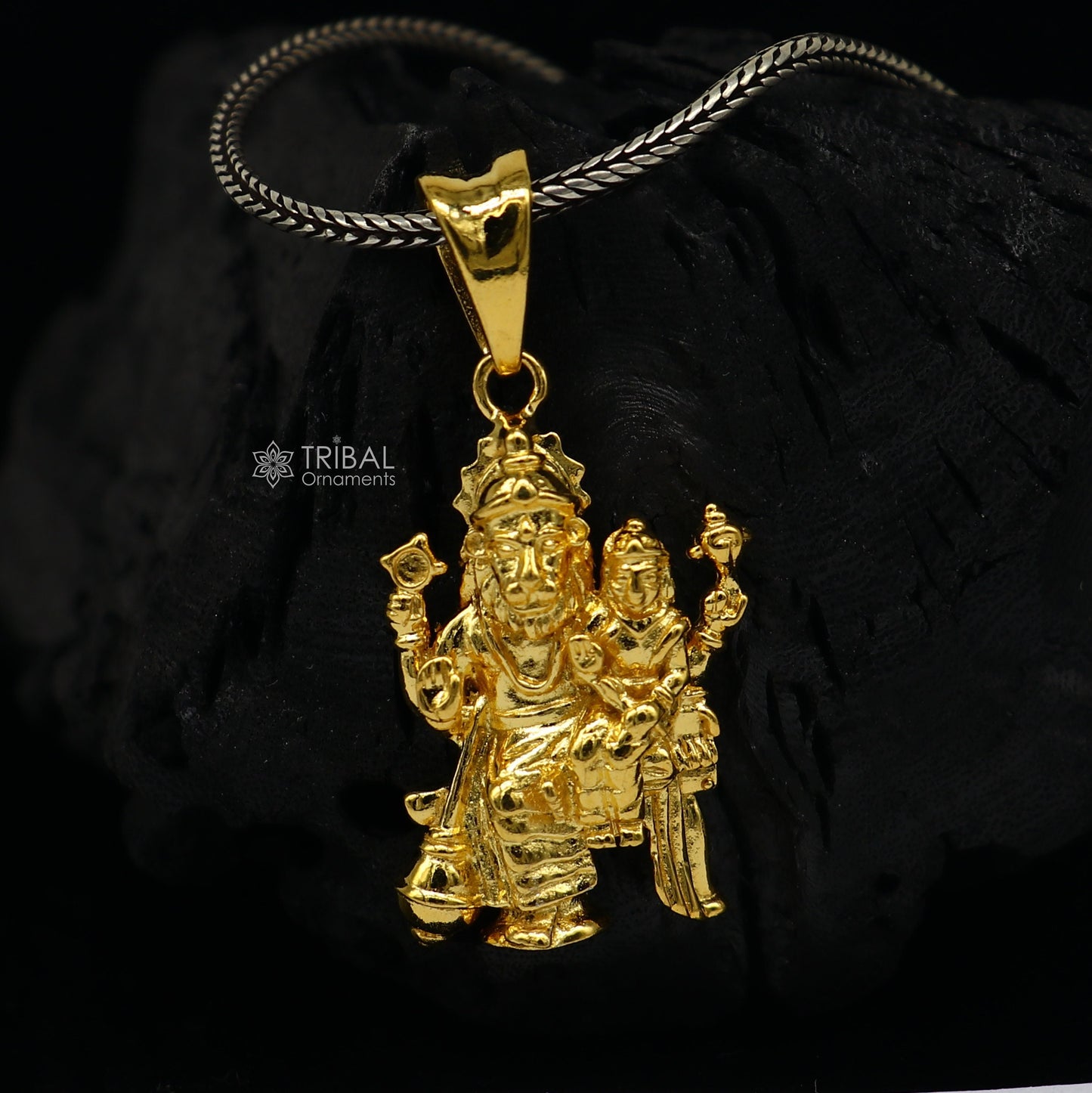 Sterling silver Vishnu with Laxmi Narsimha pendant, unisex gold-polished handcrafted jewelry from Tribal Ornaments.