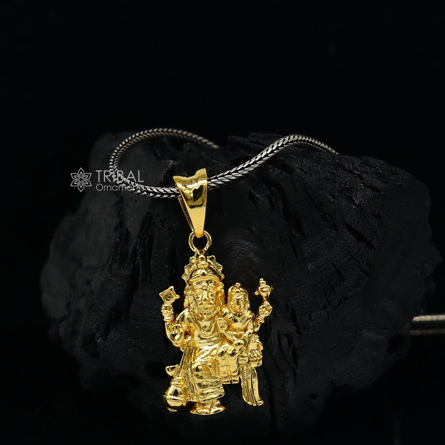 Sterling silver Vishnu with Laxmi Narsimha pendant, unisex gold-polished jewelry, handcrafted personalized pendant from TRIBAL ORNAMENTS.