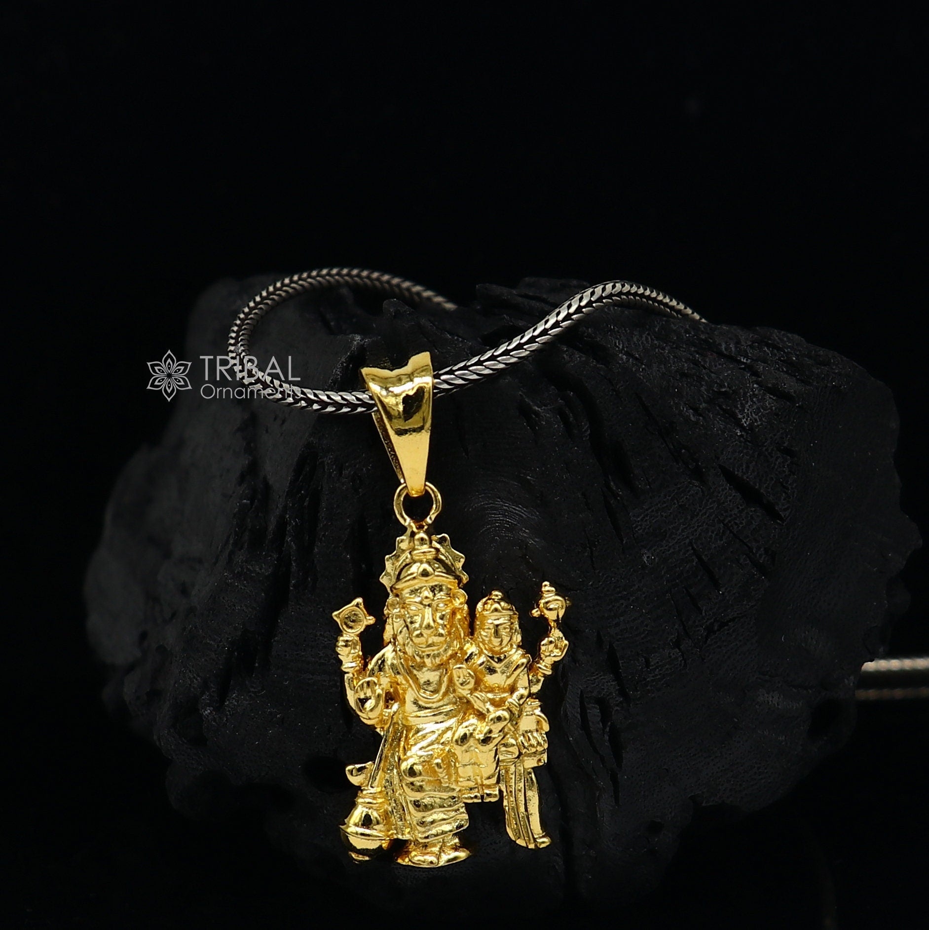 Sterling silver Vishnu with Laxmi Narsimha pendant, unisex gold-polished jewelry, handcrafted personalized pendant from TRIBAL ORNAMENTS.