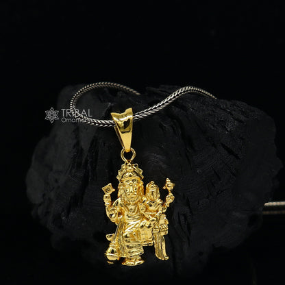 Sterling silver Vishnu with Laxmi Narsimha pendant, unisex gold-polished jewelry, handcrafted personalized pendant from TRIBAL ORNAMENTS.