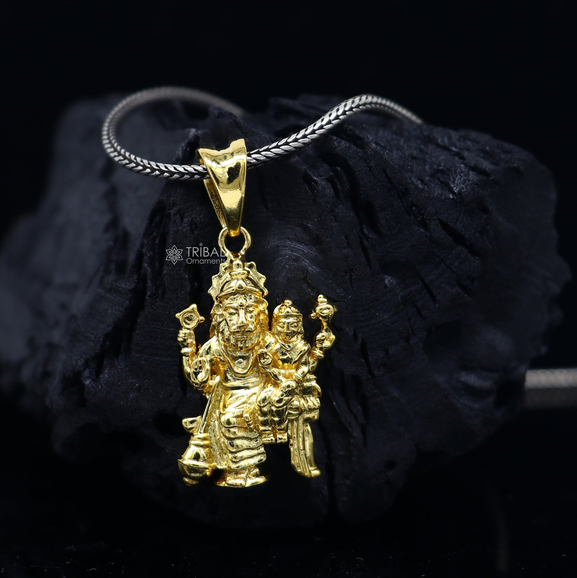 Sterling silver Vishnu with Laxmi pendant, unisex gold-polished Narsimha jewelry, handmade tribal ornament, personalized jewelry piece