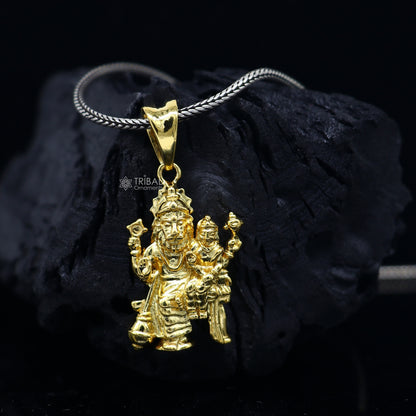 Sterling silver Vishnu with Laxmi pendant, unisex gold-polished Narsimha jewelry, handmade tribal ornament, personalized jewelry piece