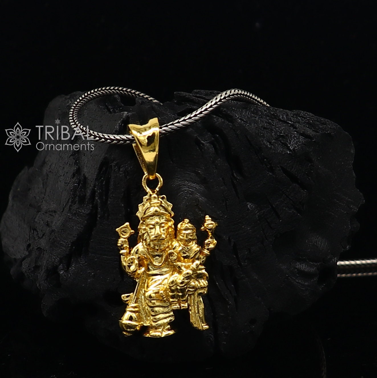925 sterling silver Vishnu with Laxmi Narsimha pendant, unisex gold-polished personalized jewelry by TRIBAL ORNAMENTS.