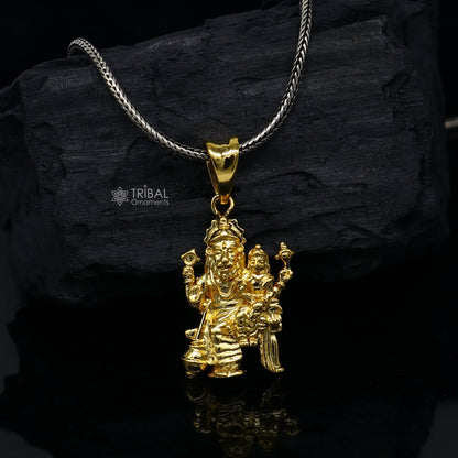 Unisex 925 sterling silver Vishnu with Laxmi pendant, gold polished, personalized jewelry, handmade tribal-style Narsimha pendant.