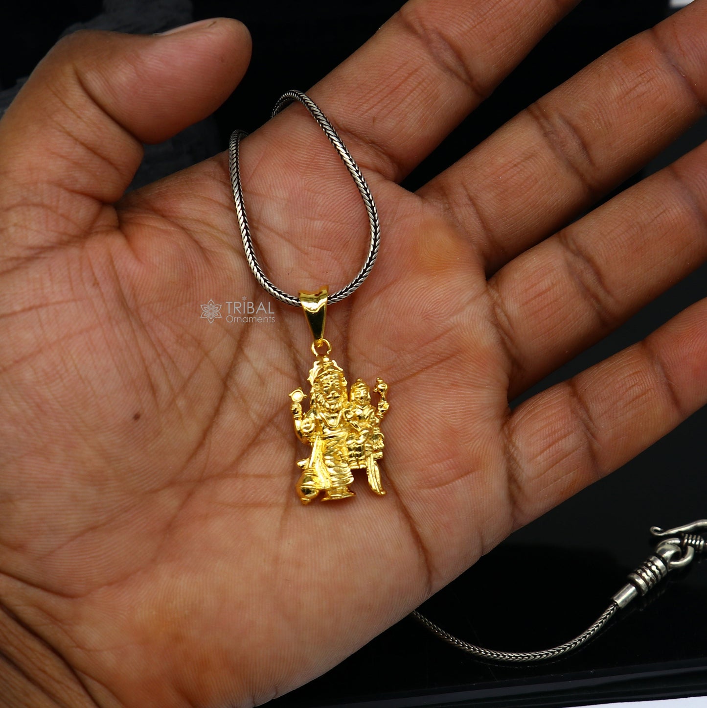 Sterling silver Vishnu with Laxmi Narsimha pendant, unisex gold-polished jewelry, handmade tribal design, personalized jewelry accessory.