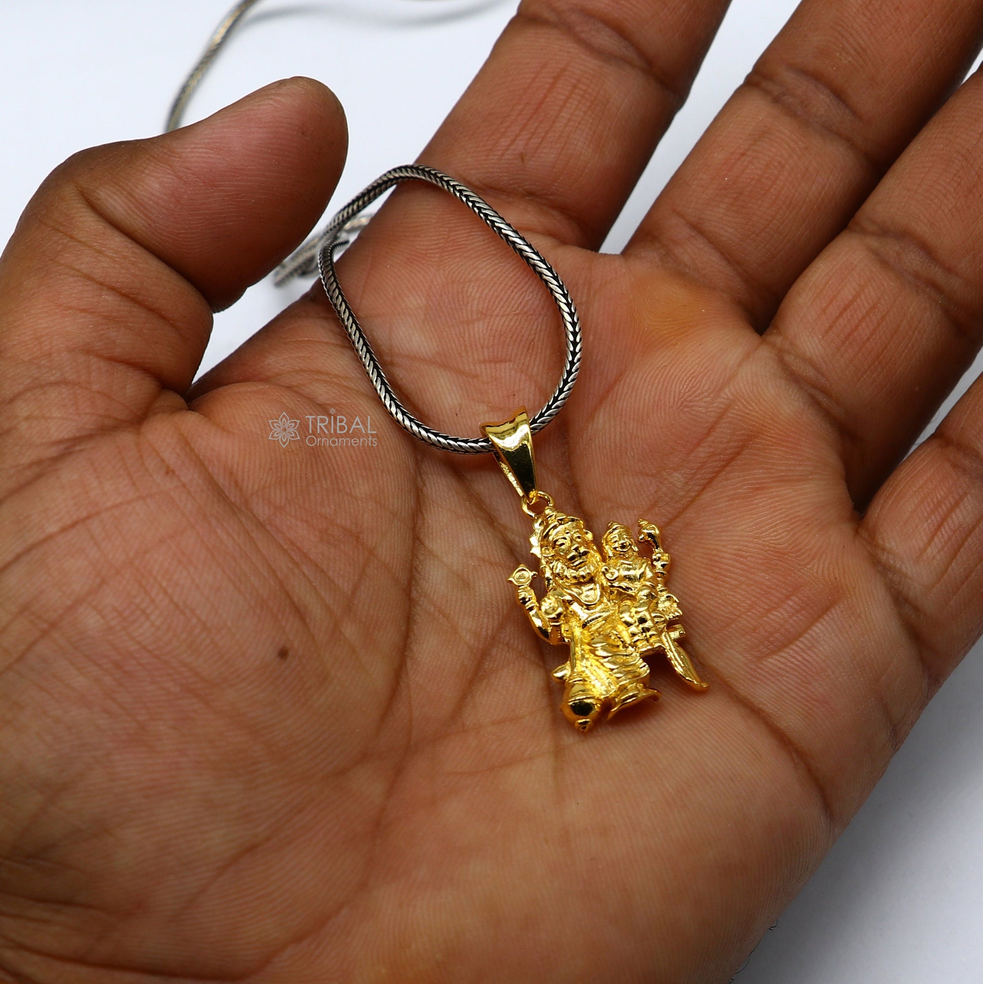 Sterling silver Vishnu with Laxmi and Narsimha pendant, unisex gold-polished jewelry, handcrafted by TRIBAL ORNAMENTS.
