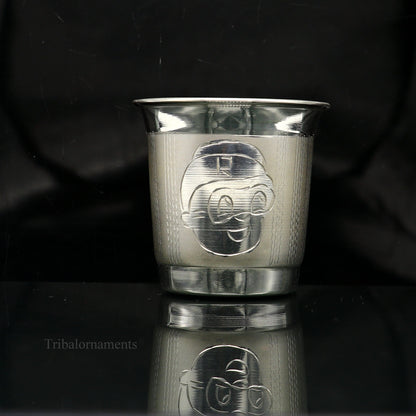 925 sterling silver handmade baby glass tumbler with engraved patterns, designed for water, milk, or baby food, by TRIBAL ORNAMENTS.