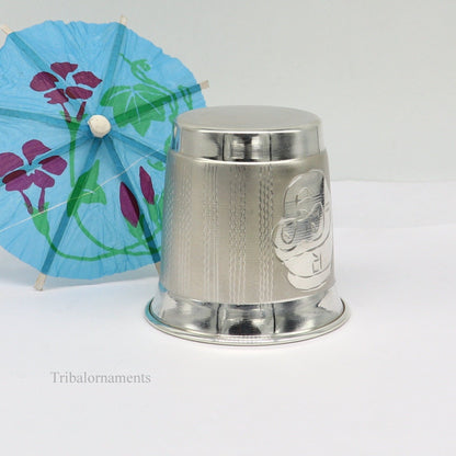 925 sterling silver handmade baby glass tumbler with a silver baby food dining flask, featuring intricate tribal ornament designs.
