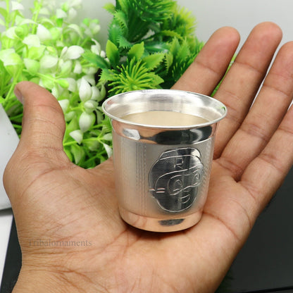 Handmade 925 sterling silver baby glass tumbler with silver utensils, suitable for water, milk, or baby food, by Tribal Ornaments.