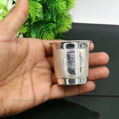 925 sterling silver handmade baby glass tumbler with intricate tribal ornament design, ideal for baby food and dining.