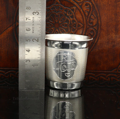 925 sterling silver handmade baby glass tumbler with silver utensils, ideal for water, milk, or baby food dining.