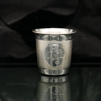925 sterling silver handmade baby glass tumbler with intricate tribal designs, ideal for water, milk, or baby food.