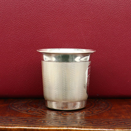 Handmade 925 sterling silver baby glass tumbler with intricate tribal ornament designs, ideal for baby food and dining.