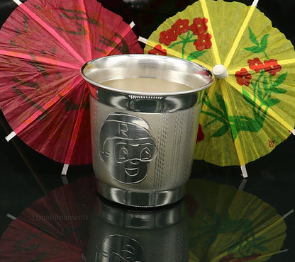 Handmade 925 sterling silver baby glass tumbler with intricate tribal ornament design, ideal for water or milk.