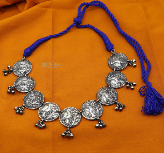 925 sterling silver handmade waved peacock design pendants stylish luxury necklace, best brides belly dance Guttapusalu necklace set663 - TRIBAL ORNAMENTS