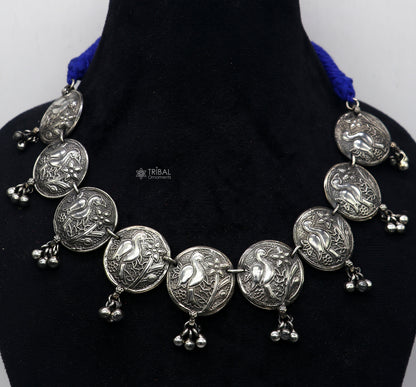 925 sterling silver handmade waved peacock design pendants stylish luxury necklace, best brides belly dance Guttapusalu necklace set663 - TRIBAL ORNAMENTS