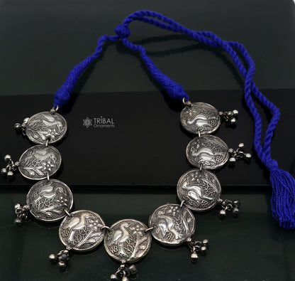 925 sterling silver handmade waved peacock design pendants stylish luxury necklace, best brides belly dance Guttapusalu necklace set663 - TRIBAL ORNAMENTS