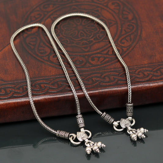 925 Sterling silver handmade wheat chain ankle bracelet, vintage oxidized charm anklets, tribal belly dance customized jewelry nank256 - TRIBAL ORNAMENTS