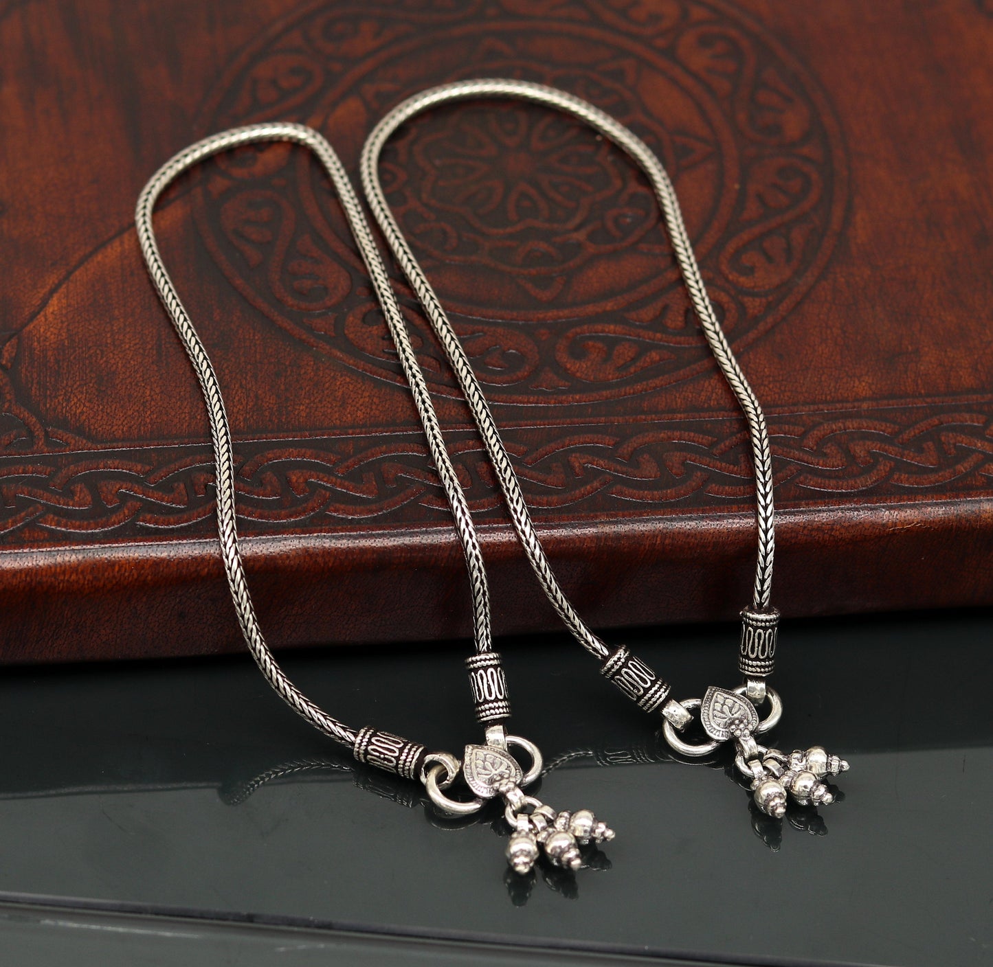 925 Sterling silver handmade wheat chain ankle bracelet, vintage oxidized charm anklets, tribal belly dance customized jewelry nank256 - TRIBAL ORNAMENTS