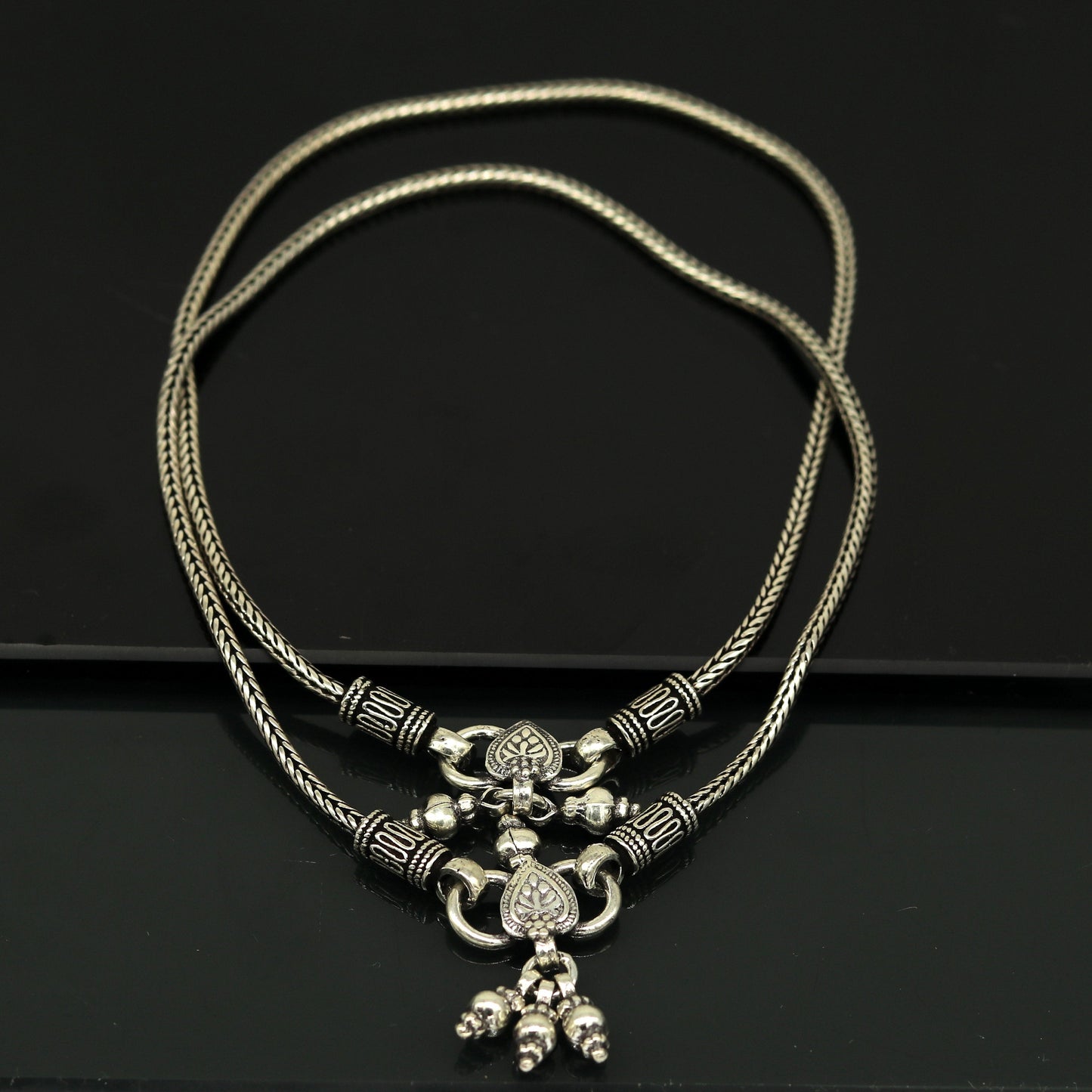 925 Sterling silver handmade wheat chain ankle bracelet, vintage oxidized charm anklets, tribal belly dance customized jewelry nank256 - TRIBAL ORNAMENTS