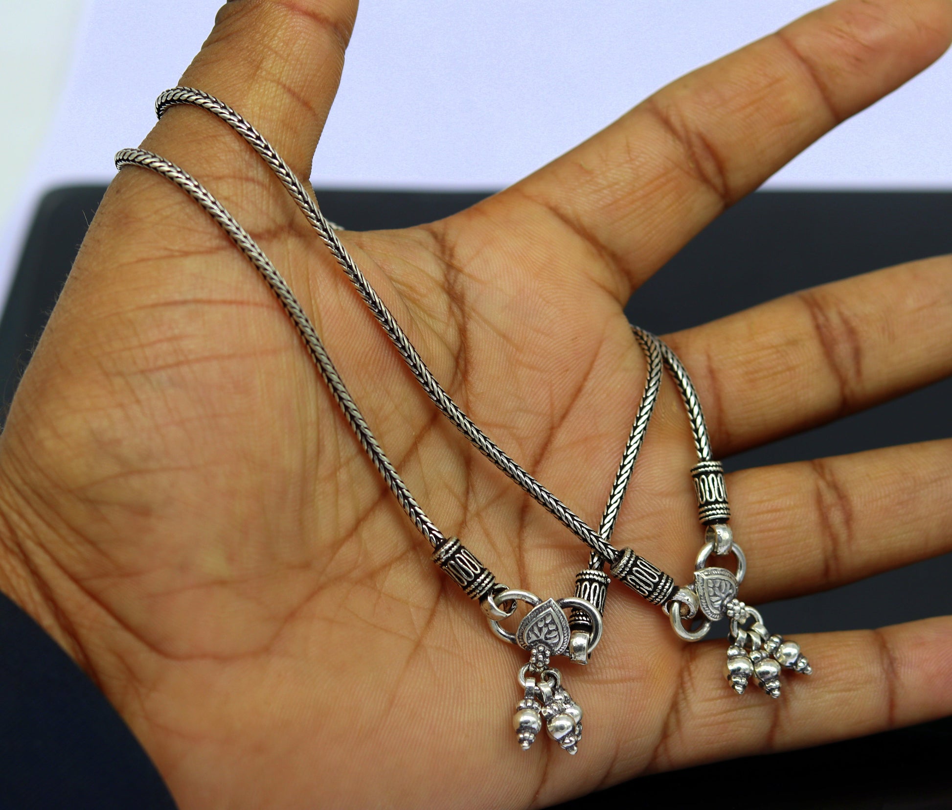 925 Sterling silver handmade wheat chain ankle bracelet, vintage oxidized charm anklets, tribal belly dance customized jewelry nank256 - TRIBAL ORNAMENTS