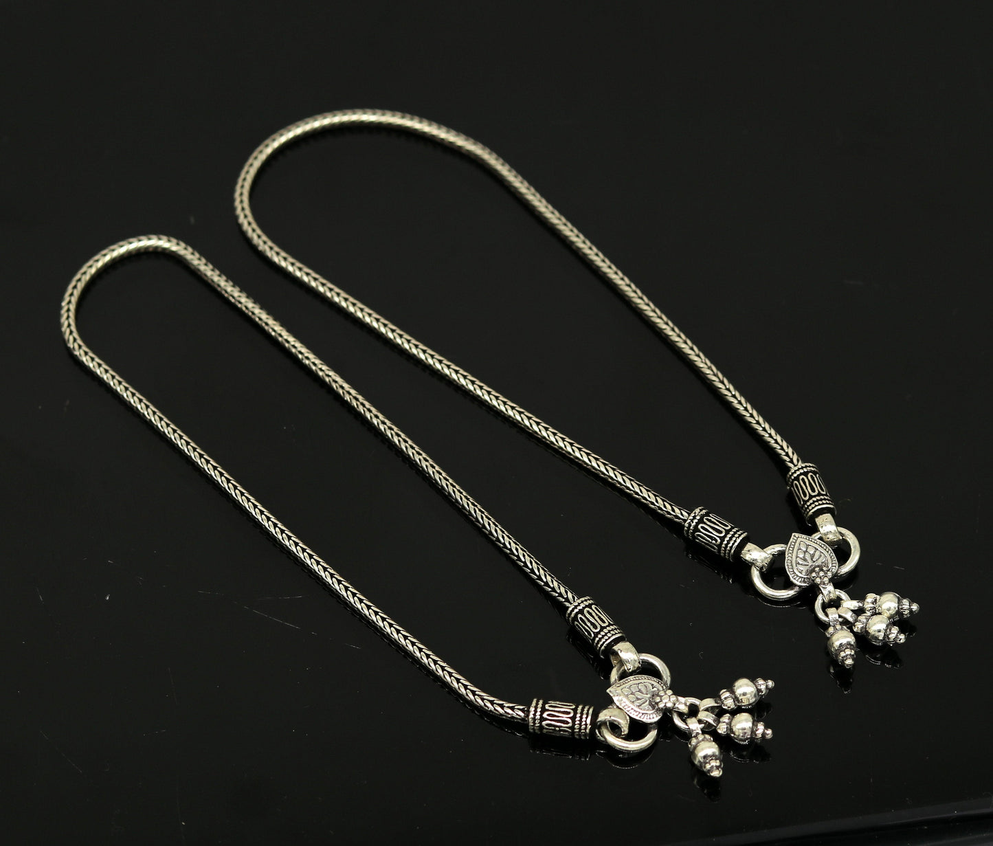 925 Sterling silver handmade wheat chain ankle bracelet, vintage oxidized charm anklets, tribal belly dance customized jewelry nank256 - TRIBAL ORNAMENTS