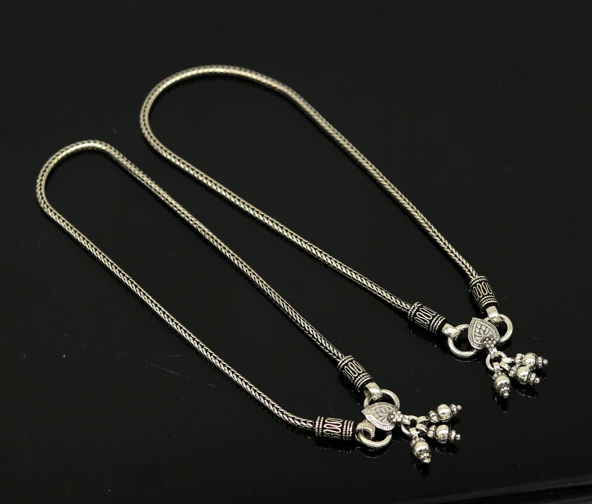 925 Sterling silver handmade wheat chain ankle bracelet, vintage oxidized charm anklets, tribal belly dance customized jewelry nank256 - TRIBAL ORNAMENTS