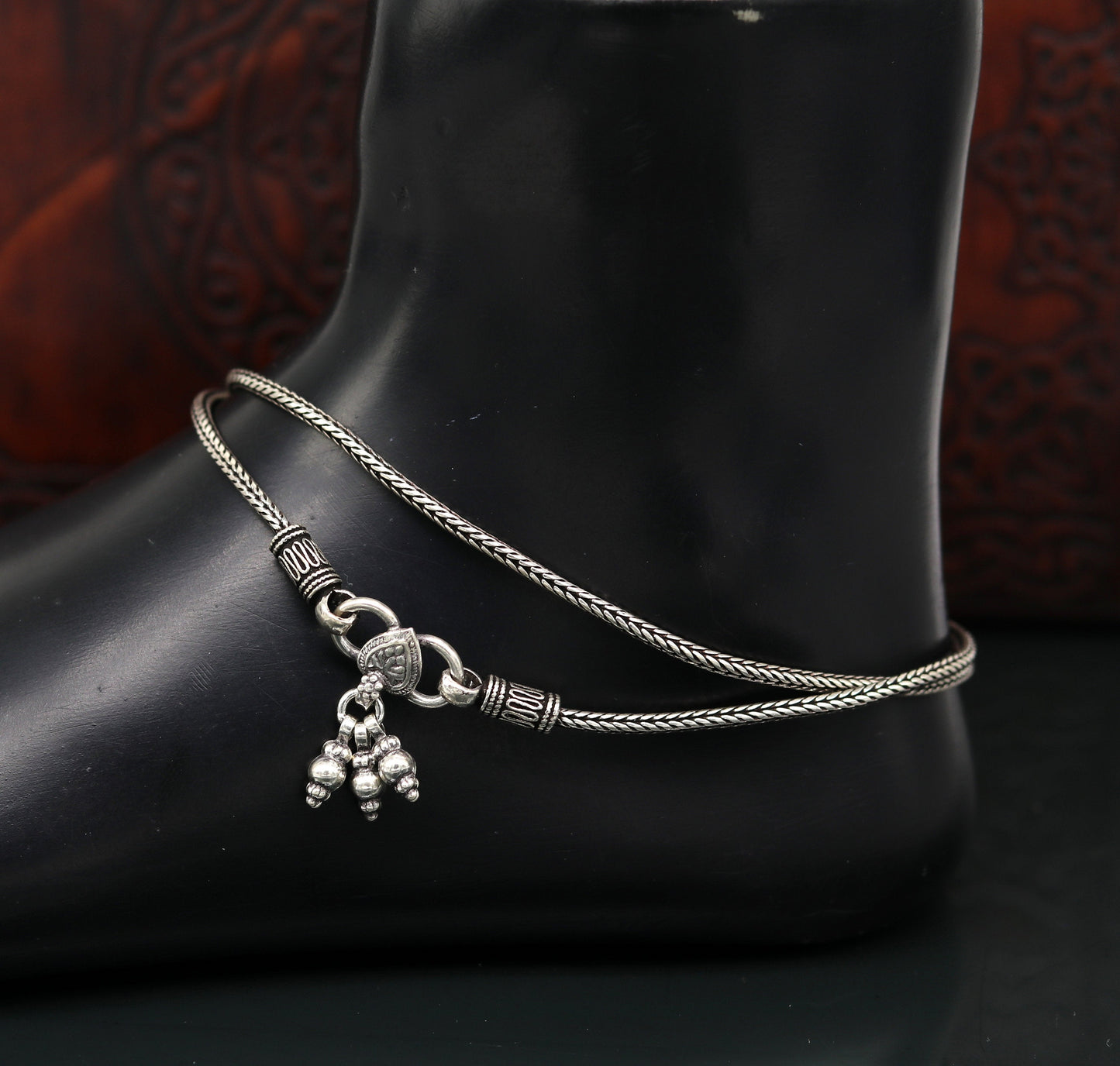 925 Sterling silver handmade wheat chain ankle bracelet, vintage oxidized charm anklets, tribal belly dance customized jewelry nank256 - TRIBAL ORNAMENTS