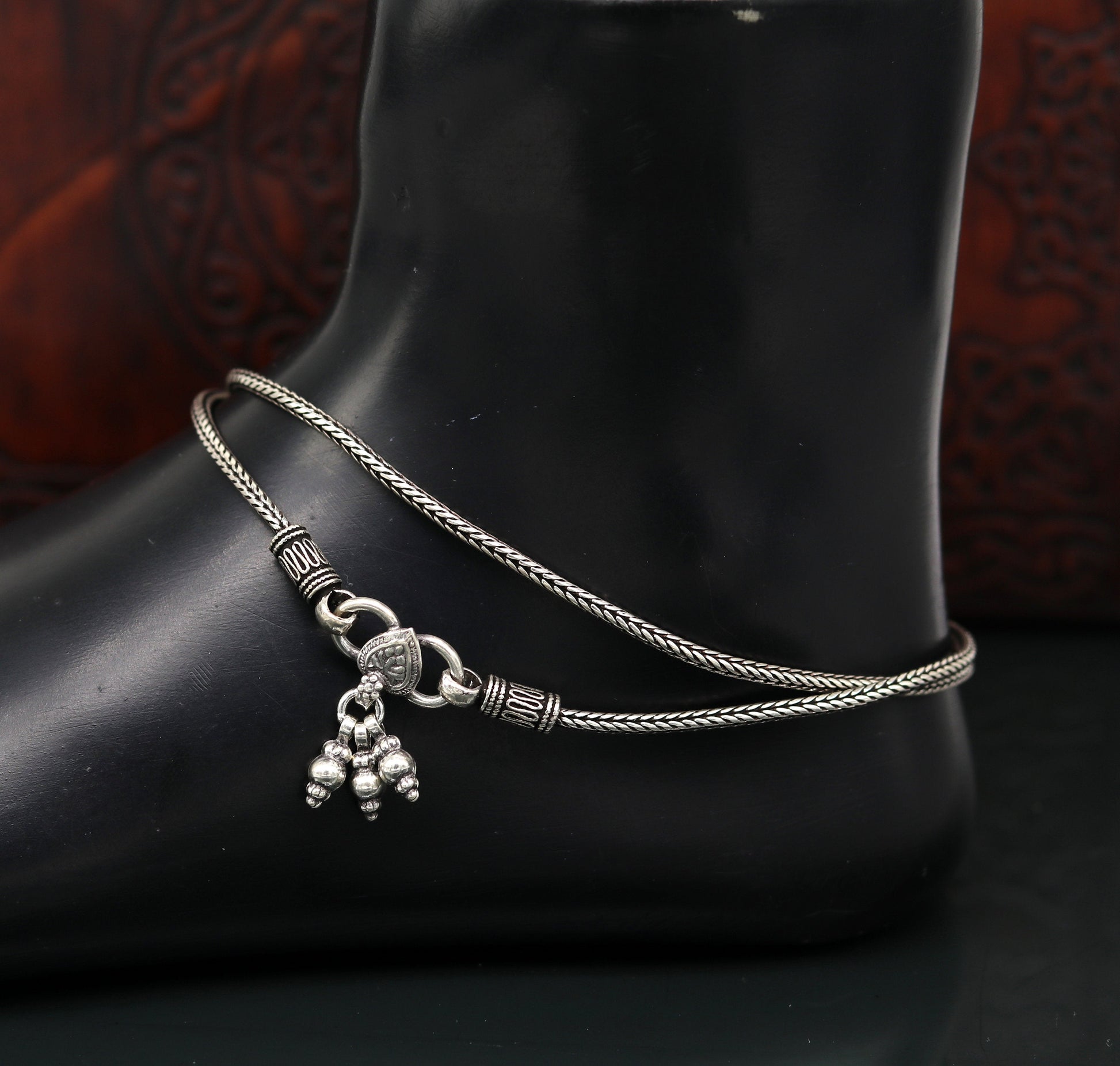 925 Sterling silver handmade wheat chain ankle bracelet, vintage oxidized charm anklets, tribal belly dance customized jewelry nank256 - TRIBAL ORNAMENTS