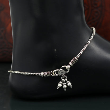 Sterling silver handmade wheat chain ankle bracelet with vintage oxidized tribal charm, perfect for tribal belly dance jewelry.