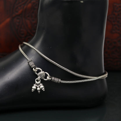 925 Sterling silver handmade wheat chain ankle bracelet with vintage oxidized tribal charm, perfect for tribal belly dance jewelry.