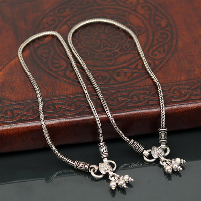 Sterling silver handmade wheat chain ankle bracelet with vintage oxidized charms, tribal design, perfect for belly dance jewelry.