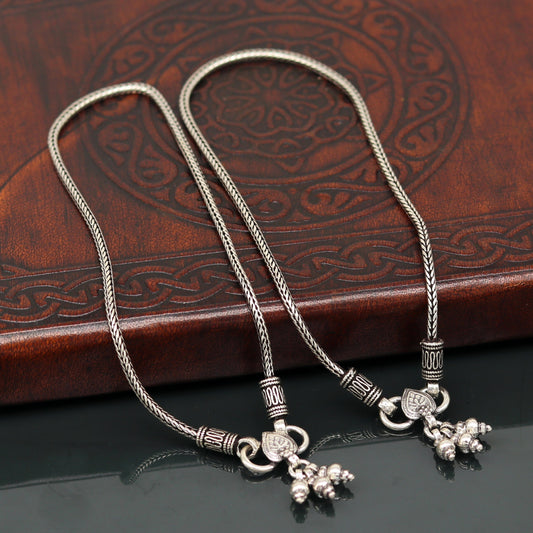 Sterling silver handmade wheat chain ankle bracelet with vintage oxidized charms, tribal design, perfect for belly dance jewelry.