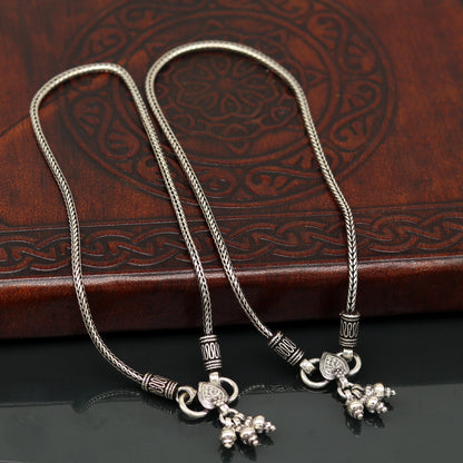 925 Sterling silver handmade wheat chain ankle bracelet with vintage oxidized tribal charm for belly dance or tribal jewelry style.