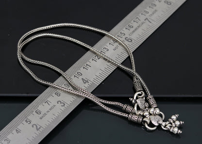 Sterling silver handmade wheat chain ankle bracelet with vintage oxidized tribal charm, perfect for tribal belly dance jewelry.
