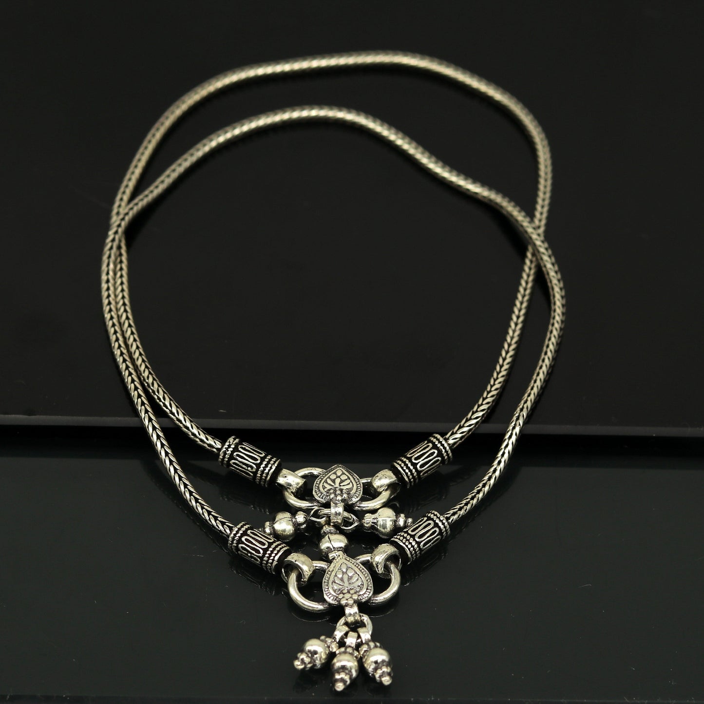 925 Sterling silver handmade wheat chain ankle bracelet, vintage oxidized charm anklets, tribal belly dance customized jewelry nank456 - TRIBAL ORNAMENTS