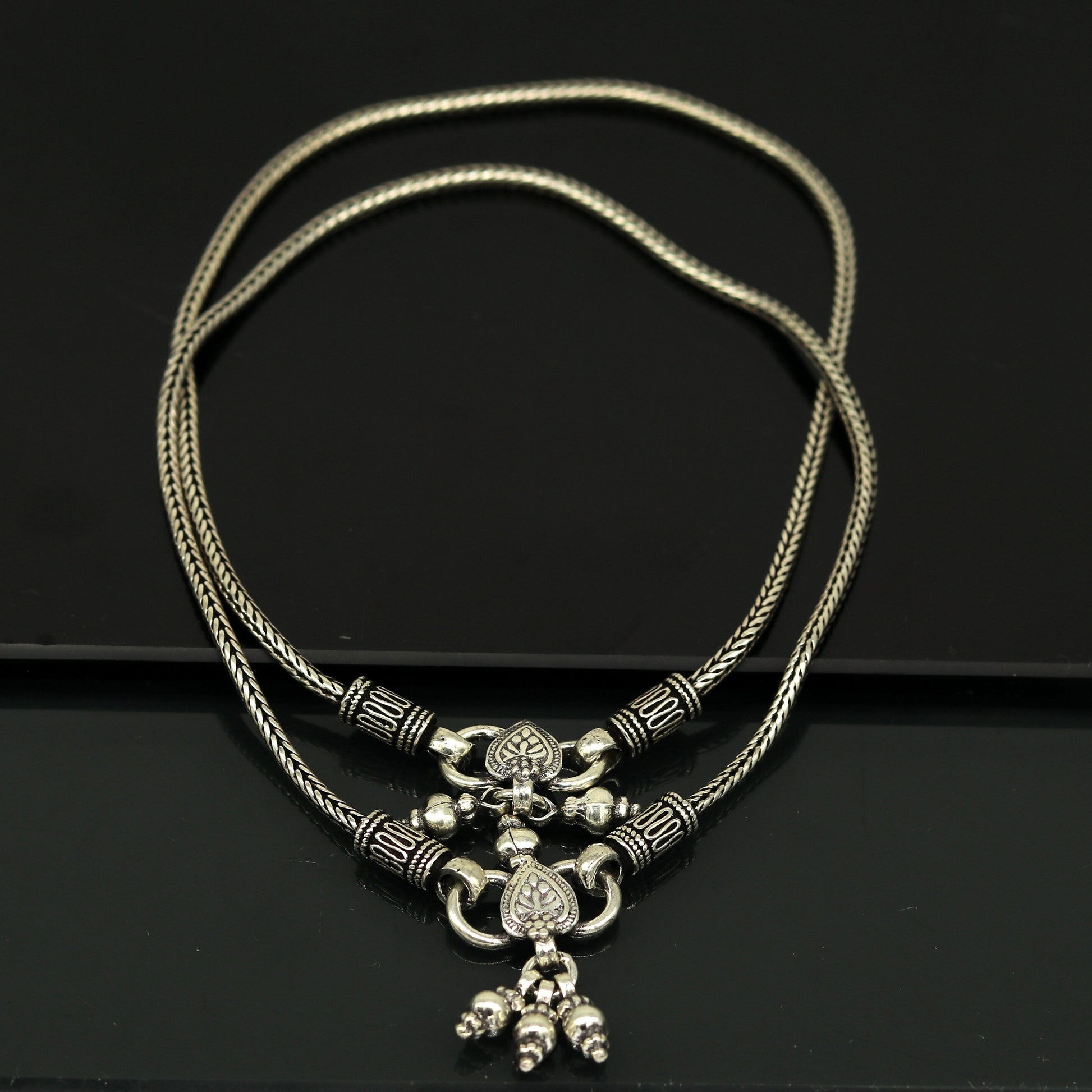 925 Sterling silver handmade wheat chain ankle bracelet, vintage oxidized charm anklets, tribal belly dance customized jewelry nank456 - TRIBAL ORNAMENTS