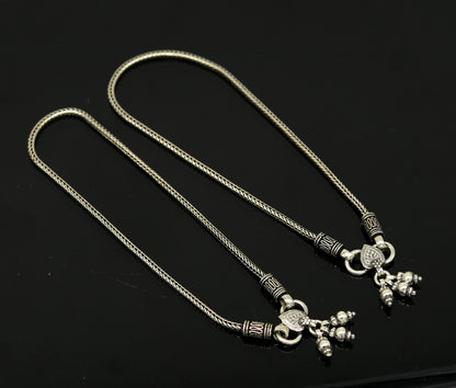 Sterling silver handmade wheat chain ankle bracelet with vintage oxidized tribal charm, perfect for tribal belly dance jewelry.