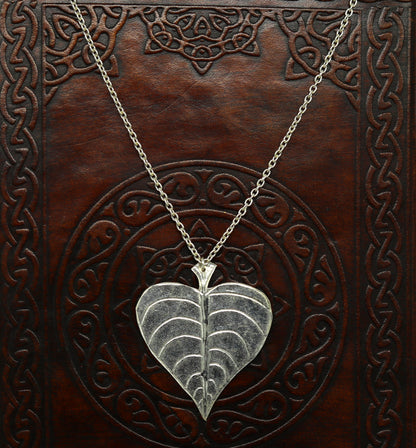 Sterling silver heart-shaped peepal tree leaves pendant necklace with matching hoops earrings, tribal jewelry for brides and belly dance.