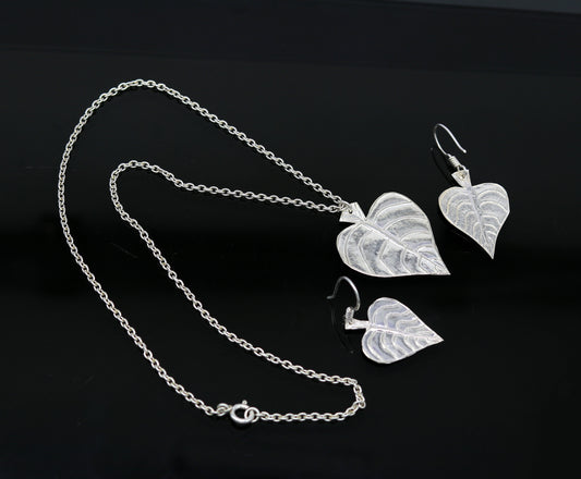 925 sterling silver heart shape peepal tree leaves pendant necklace and hoops earring customized brides jewelry, belly dance jewelry nec69 - TRIBAL ORNAMENTS