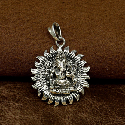 Sterling silver Lord Ganesha pendant from TRIBAL ORNAMENTS, featuring a vintage Hindu god design, ideal for unisex customized jewelry.
