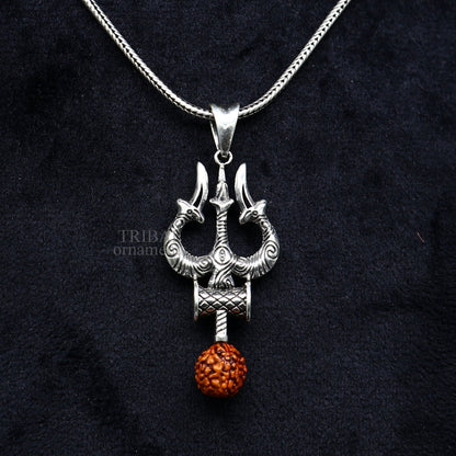 925 sterling silver Lord Shiva trident pendant, detailed vintage design, customized Hindu god jewelry, tribal ornaments.
