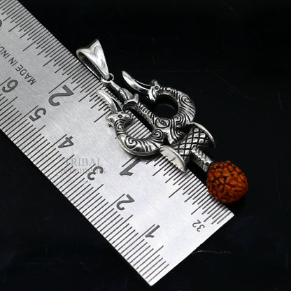 925 sterling silver Lord Shiva trident pendant with intricate vintage design, featuring customized Hindu god jewelry by TRIBAL ORNAMENTS.