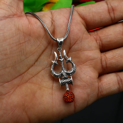 925 sterling silver Lord Shiva trident pendant, detailed Hindu god jewelry with vintage design, custom tribal ornament.